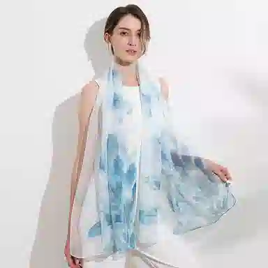 一米画纱 清新飘逸国风真丝雪纺喷绘沙巾气质仙仙花卉印花旅游拍照 桑蚕丝 丝巾 女款