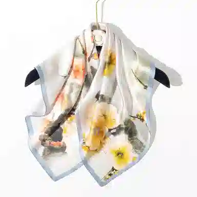 一米画纱 丝绸质感花卉图案国风印花真丝方巾踏青郊游装饰领巾拍照搭配 桑蚕丝 丝巾 女款