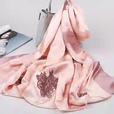 一米画纱 奢靡凝香高贵精致古典气质重工贴花喷绘真丝长款 桑蚕丝 丝巾 女款