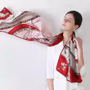 一米画纱 青春洋气丝滑优雅链条抽象图案长款披肩素绉缎出游装饰百搭长巾 桑蚕丝 丝巾 女款