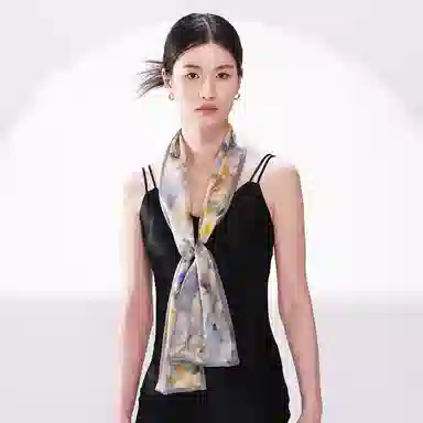 一米画纱 时尚百搭真丝双层喷绘飘带优雅气质长条领巾轻盈装饰 桑蚕丝 丝巾 女款