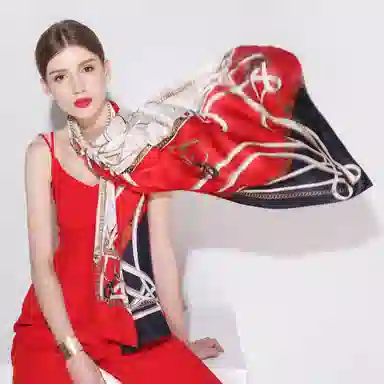 一米画纱 青春洋气丝滑优雅链条抽象图案长款披肩素绉缎出游装饰百搭长巾 桑蚕丝 丝巾 女款