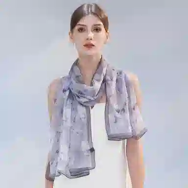 一米画纱 清新飘逸国风真丝雪纺喷绘沙巾气质仙仙花卉印花旅游拍照 桑蚕丝 丝巾 女款