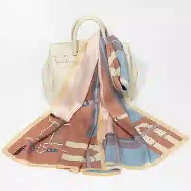 一米画纱 青春洋气丝滑优雅链条抽象图案长款披肩素绉缎出游装饰百搭长巾 桑蚕丝 丝巾 女款