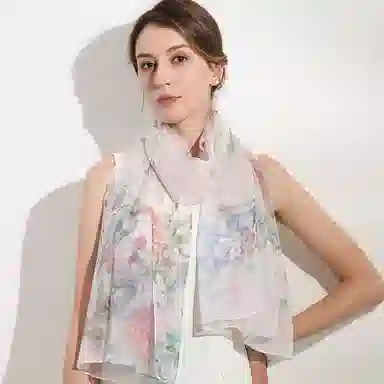 一米画纱 清新飘逸国风真丝雪纺喷绘沙巾气质仙仙花卉印花旅游拍照 桑蚕丝 丝巾 女款