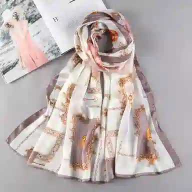 一米画纱 青春洋气丝滑优雅链条抽象图案长款披肩素绉缎出游装饰百搭长巾 桑蚕丝 丝巾 女款