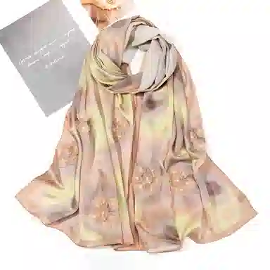 一米画纱 紫薇系列高级感立体花朵钉珠素绉缎旗袍外出中式印花 桑蚕丝 丝巾 女款