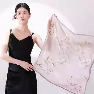 一米画纱 丝绸质感花卉图案国风印花真丝方巾踏青郊游装饰领巾拍照搭配 桑蚕丝 丝巾 女款