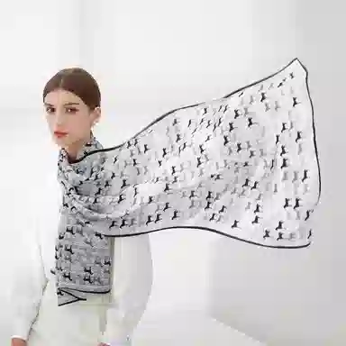 一米画纱 青春洋气丝滑优雅链条抽象图案长款披肩素绉缎出游装饰百搭长巾 桑蚕丝 丝巾 女款