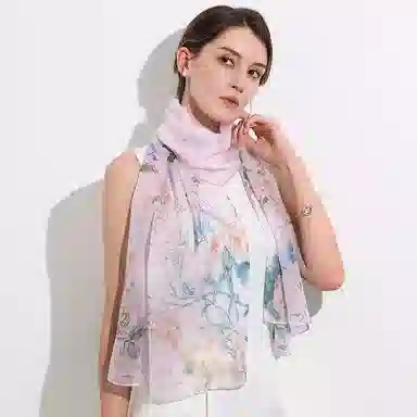 一米画纱 清新飘逸国风真丝雪纺喷绘沙巾气质仙仙花卉印花旅游拍照 桑蚕丝 丝巾 女款