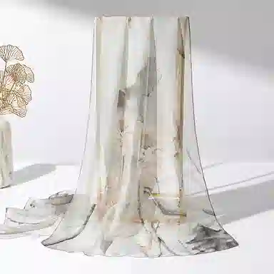 一米画纱 清新飘逸国风真丝雪纺喷绘沙巾气质仙仙花卉印花旅游拍照 桑蚕丝 丝巾 女款