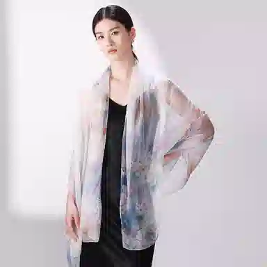 一米画纱 国风花卉轻盈透气旅游拍照外搭真丝雪纺喷绘长巾出行遮阳纱巾 丝巾 桑蚕丝 女款