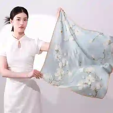 一米画纱 丝绸质感花卉图案国风印花真丝方巾踏青郊游装饰领巾拍照搭配 桑蚕丝 丝巾 女款