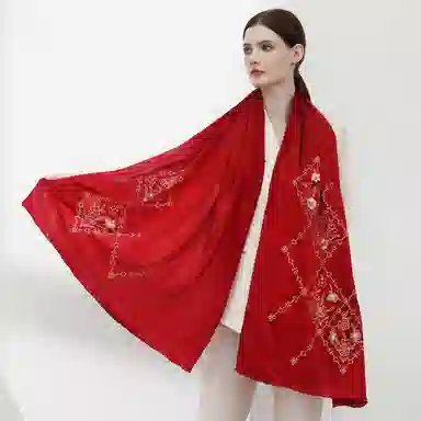 一米画纱 古典中式国风花朵精致优雅真丝刺绣素绉缎长巾丝韵系列 桑蚕丝 丝巾 女款