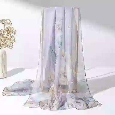 一米画纱 清新飘逸国风真丝雪纺喷绘沙巾气质仙仙花卉印花旅游拍照 桑蚕丝 丝巾 女款