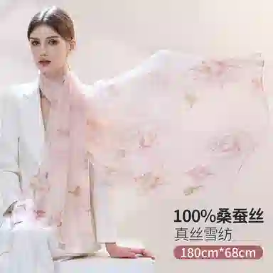 一米画纱 清新飘逸国风真丝雪纺喷绘沙巾气质仙仙花卉印花旅游拍照 桑蚕丝 丝巾 女款