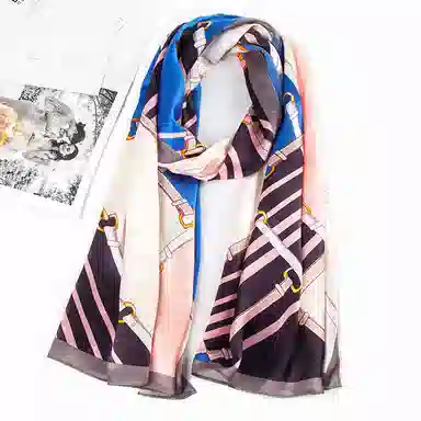 一米画纱 青春洋气丝滑优雅链条抽象图案长款披肩素绉缎出游装饰百搭长巾 桑蚕丝 丝巾 女款