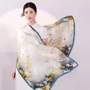 一米画纱 新潮国风优雅大方花卉图案柔软丝绸高档舒适真丝长巾东方丝语系列 桑蚕丝 丝巾 女款