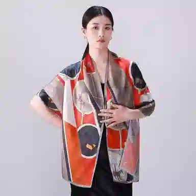 一米画纱 青春洋气丝滑优雅链条抽象图案长款披肩素绉缎出游装饰百搭长巾 桑蚕丝 丝巾 女款