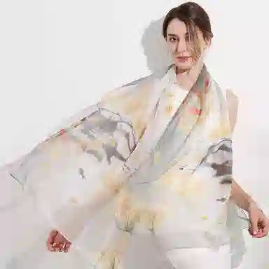 一米画纱 清新飘逸国风真丝雪纺喷绘沙巾气质仙仙花卉印花旅游拍照 桑蚕丝 丝巾 女款