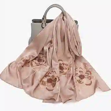 一米画纱 古典中式国风花朵精致优雅真丝刺绣素绉缎长巾丝韵系列 桑蚕丝 丝巾 女款