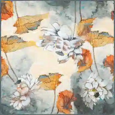 一米画纱 丝绸质感花卉图案国风印花真丝方巾踏青郊游装饰领巾拍照搭配 桑蚕丝 丝巾 女款