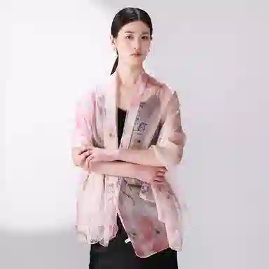 一米画纱 国风花卉轻盈透气旅游拍照外搭真丝雪纺喷绘长巾出行遮阳纱巾 丝巾 桑蚕丝 女款