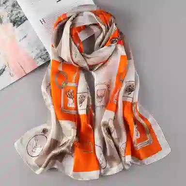 一米画纱 青春洋气丝滑优雅链条抽象图案长款披肩素绉缎出游装饰百搭长巾 桑蚕丝 丝巾 女款