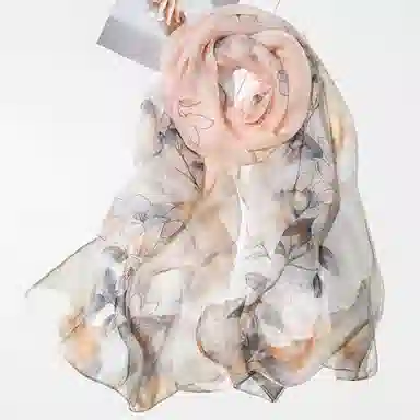 一米画纱 清新飘逸国风真丝雪纺喷绘沙巾气质仙仙花卉印花旅游拍照 桑蚕丝 丝巾 女款