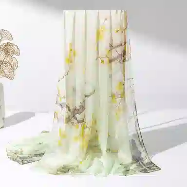 一米画纱 国风花卉轻盈透气旅游拍照外搭真丝雪纺喷绘长巾出行遮阳纱巾 丝巾 桑蚕丝 女款
