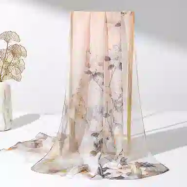 一米画纱 清新飘逸国风真丝雪纺喷绘沙巾气质仙仙花卉印花旅游拍照 桑蚕丝 丝巾 女款