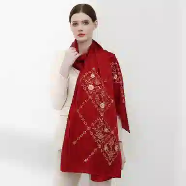 一米画纱 古典中式国风花朵精致优雅真丝刺绣素绉缎长巾丝韵系列 桑蚕丝 丝巾 女款