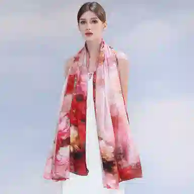 一米画纱 国风古典花卉真丝高级感提花浪漫色彩长巾外出轻盈飘逸披肩 桑蚕丝 丝巾 女款