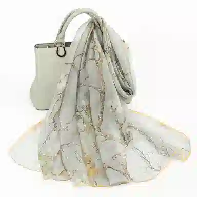 一米画纱 清新飘逸国风真丝雪纺喷绘沙巾气质仙仙花卉印花旅游拍照 桑蚕丝 丝巾 女款