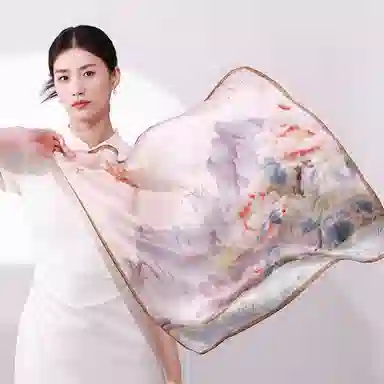 一米画纱 丝绸质感花卉图案国风印花真丝方巾踏青郊游装饰领巾拍照搭配 桑蚕丝 丝巾 女款