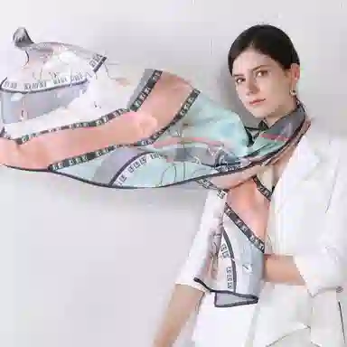 一米画纱 青春洋气丝滑优雅链条抽象图案长款披肩素绉缎出游装饰百搭长巾 桑蚕丝 丝巾 女款