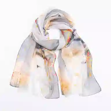 一米画纱 清新飘逸国风真丝雪纺喷绘沙巾气质仙仙花卉印花旅游拍照 桑蚕丝 丝巾 女款