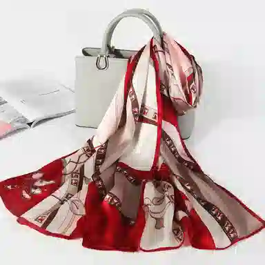 一米画纱 青春洋气丝滑优雅链条抽象图案长款披肩素绉缎出游装饰百搭长巾 桑蚕丝 丝巾 女款