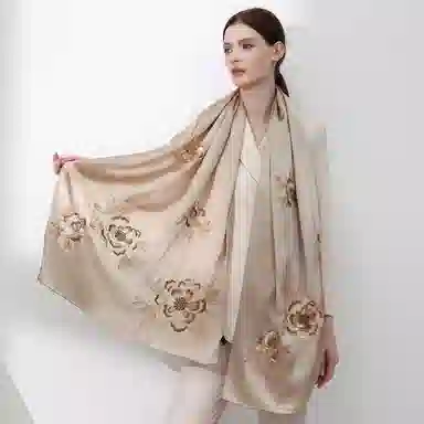 一米画纱 古典中式国风花朵精致优雅真丝刺绣素绉缎长巾丝韵系列 桑蚕丝 丝巾 女款