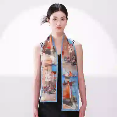 一米画纱 时尚百搭真丝双层喷绘飘带优雅气质长条领巾轻盈装饰 桑蚕丝 丝巾 女款