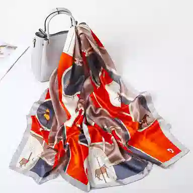 一米画纱 青春洋气丝滑优雅链条抽象图案长款披肩素绉缎出游装饰百搭长巾 桑蚕丝 丝巾 女款