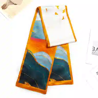 一米画纱 时尚百搭真丝双层喷绘飘带优雅气质长条领巾轻盈装饰 桑蚕丝 丝巾 女款