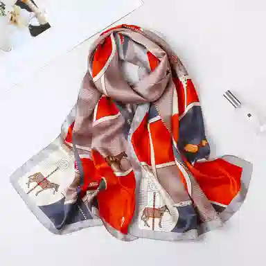 一米画纱 青春洋气丝滑优雅链条抽象图案长款披肩素绉缎出游装饰百搭长巾 桑蚕丝 丝巾 女款