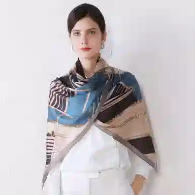 一米画纱 青春洋气丝滑优雅链条抽象图案长款披肩素绉缎出游装饰百搭长巾 桑蚕丝 丝巾 女款