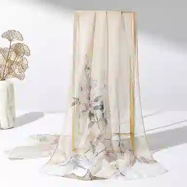 一米画纱 清新飘逸国风真丝雪纺喷绘沙巾气质仙仙花卉印花旅游拍照 桑蚕丝 丝巾 女款