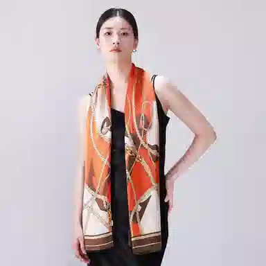 一米画纱 青春洋气丝滑优雅链条抽象图案长款披肩素绉缎出游装饰百搭长巾 桑蚕丝 丝巾 女款