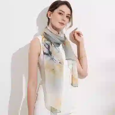 一米画纱 清新飘逸国风真丝雪纺喷绘沙巾气质仙仙花卉印花旅游拍照 桑蚕丝 丝巾 女款