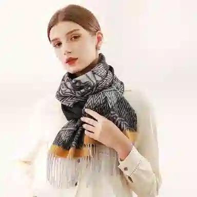 一米画纱 优雅保暖高级气质提花粗纺工艺加厚保暖高端轻奢优雅流苏 山羊绒 绒线围巾 女款