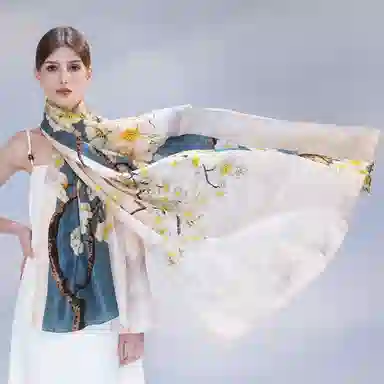 一米画纱 国风古典花卉真丝高级感提花浪漫色彩长巾外出轻盈飘逸披肩 桑蚕丝 丝巾 女款