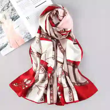 一米画纱 青春洋气丝滑优雅链条抽象图案长款披肩素绉缎出游装饰百搭长巾 桑蚕丝 丝巾 女款